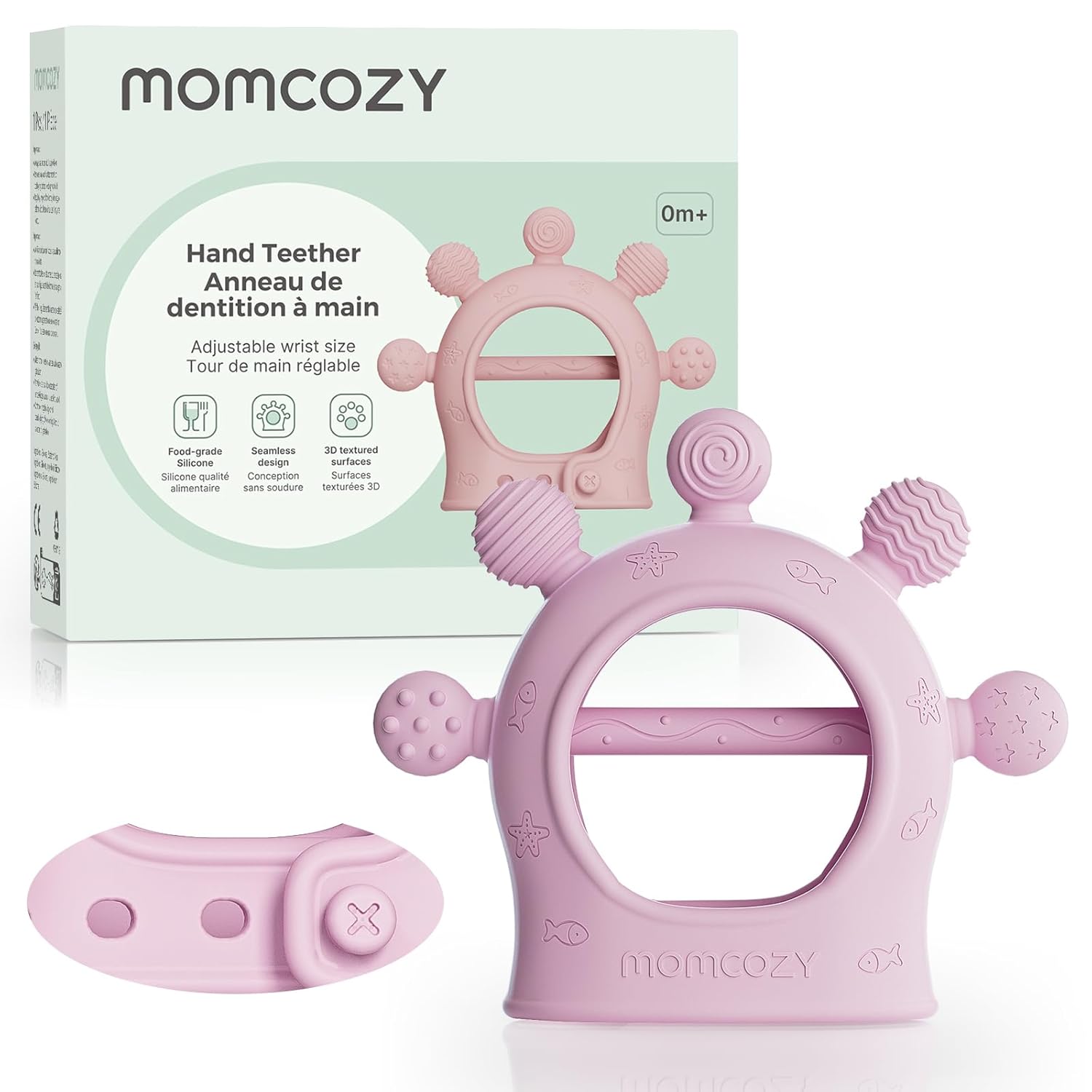 Lodër për dhëmbë për bebe Momcozy silikon food-grade (0–12 muaj)